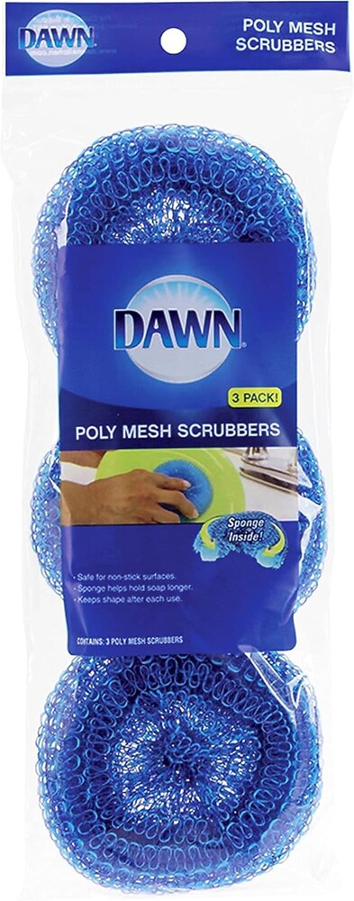 Dawn Non-Scratch Poly Mesh Round Scrubber Sponges, Blue (Pack of 3)