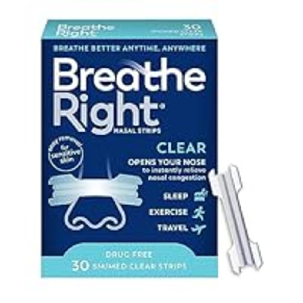 Breathe Right Original Nasal Strips Clear Sm/Med For Sensitive SkinDrug-Free Snoring Solution & Nasal Congestion Relief Caused by Colds & Allergies 30 ct (Packaging May Vary)