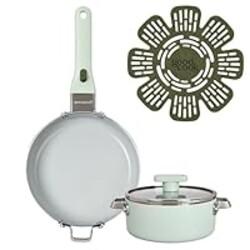 GoodCook Ceramic Cookware Set 5-Piece with Removable Handle, Induction Compatible, Nonstick and Oven Safe with 8-Inch Frypan, Sage Green