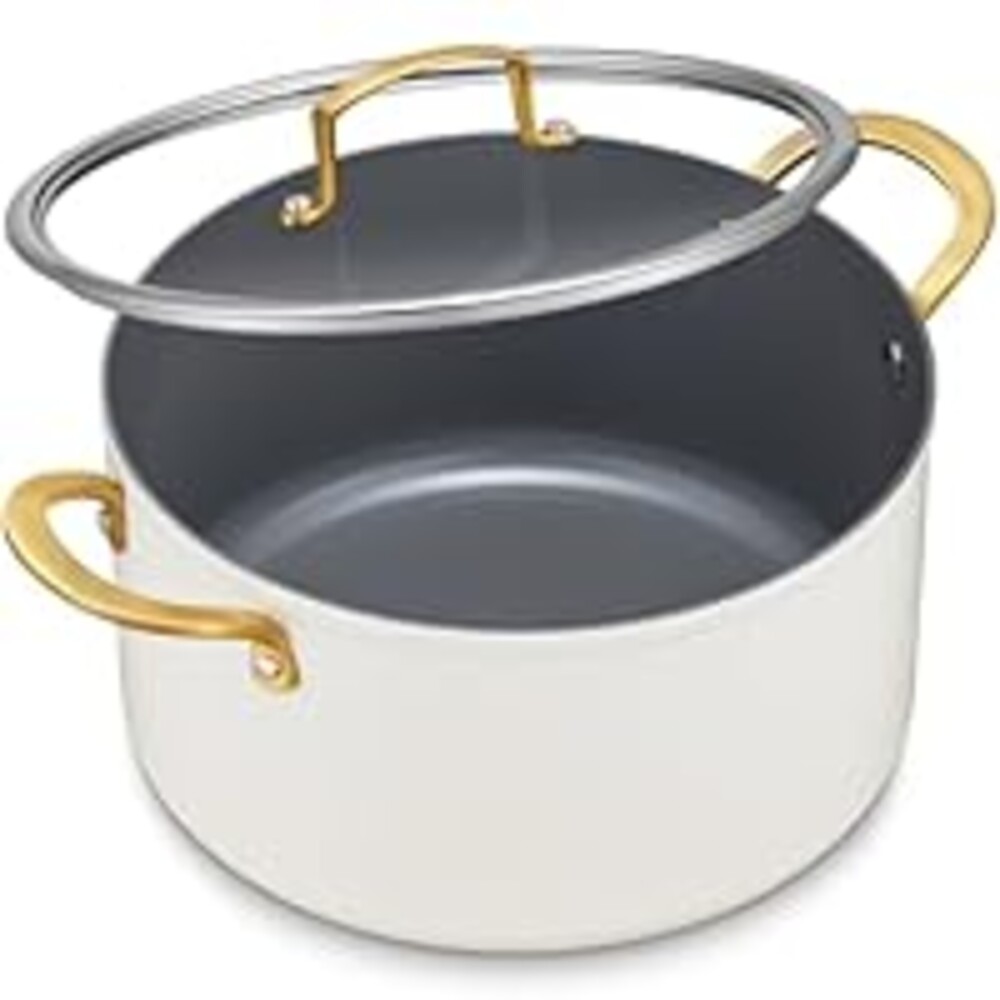 BEZIA 6 Quart Stock Pot with Lid, Ceramic Nonstick Cooking Pot, Soup Pot with Stainless Steel Handle, Tempered Glass Lid, Induction Compatible for Pasta, Soup, Spaghetti, Dishwasher Safe, Cream