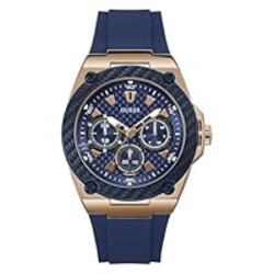 GUESS Comfortable Iconic Blue Stain Resistant Watch with Rose Gold-Tone Day, Date + 24 Hour Military/Int'l Time. Color: Blue (Model: U1049G2)