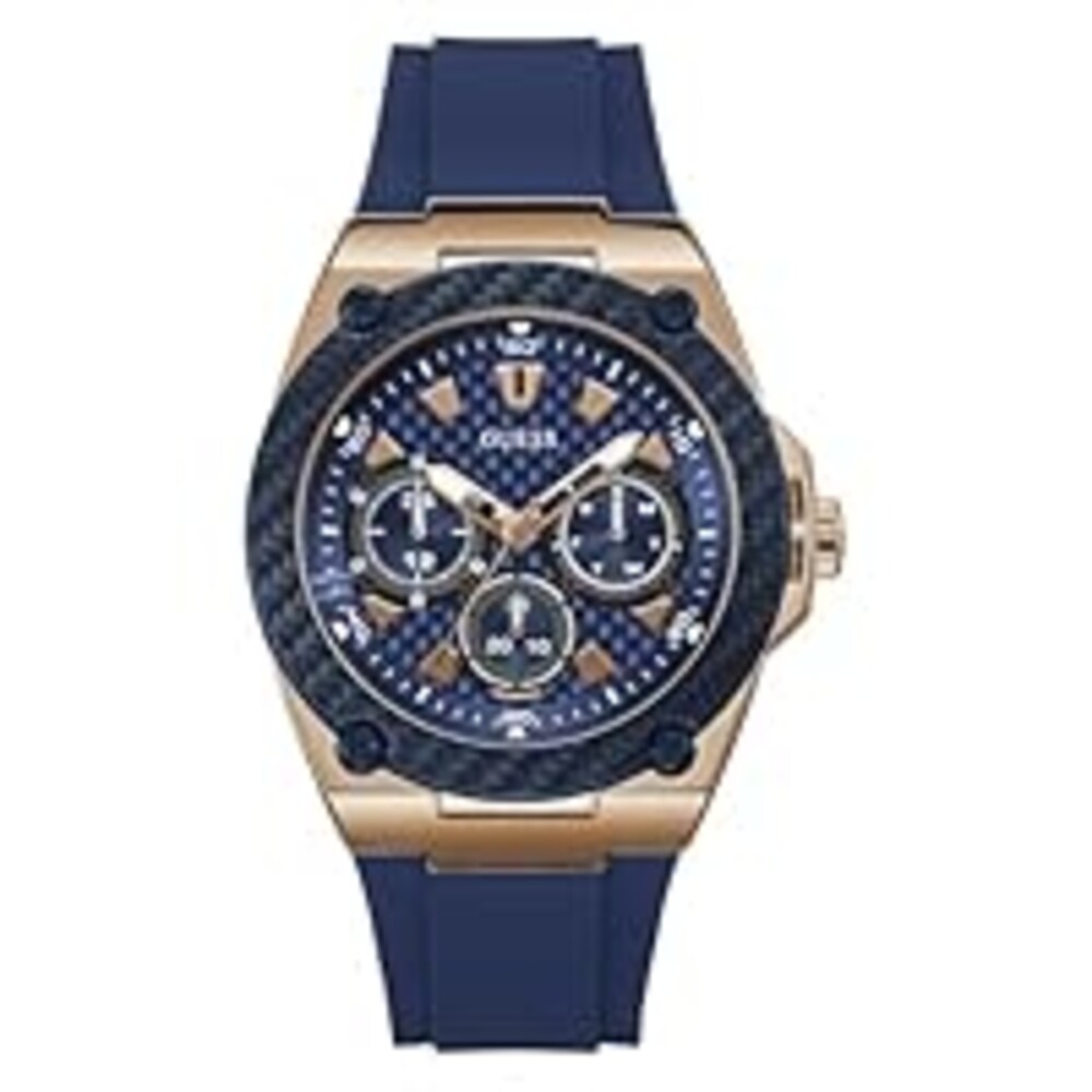GUESS Comfortable Iconic Blue Stain Resistant Watch with Rose Gold-Tone Day, Date + 24 Hour Military/Int'l Time. Color: Blue (Model: U1049G2)