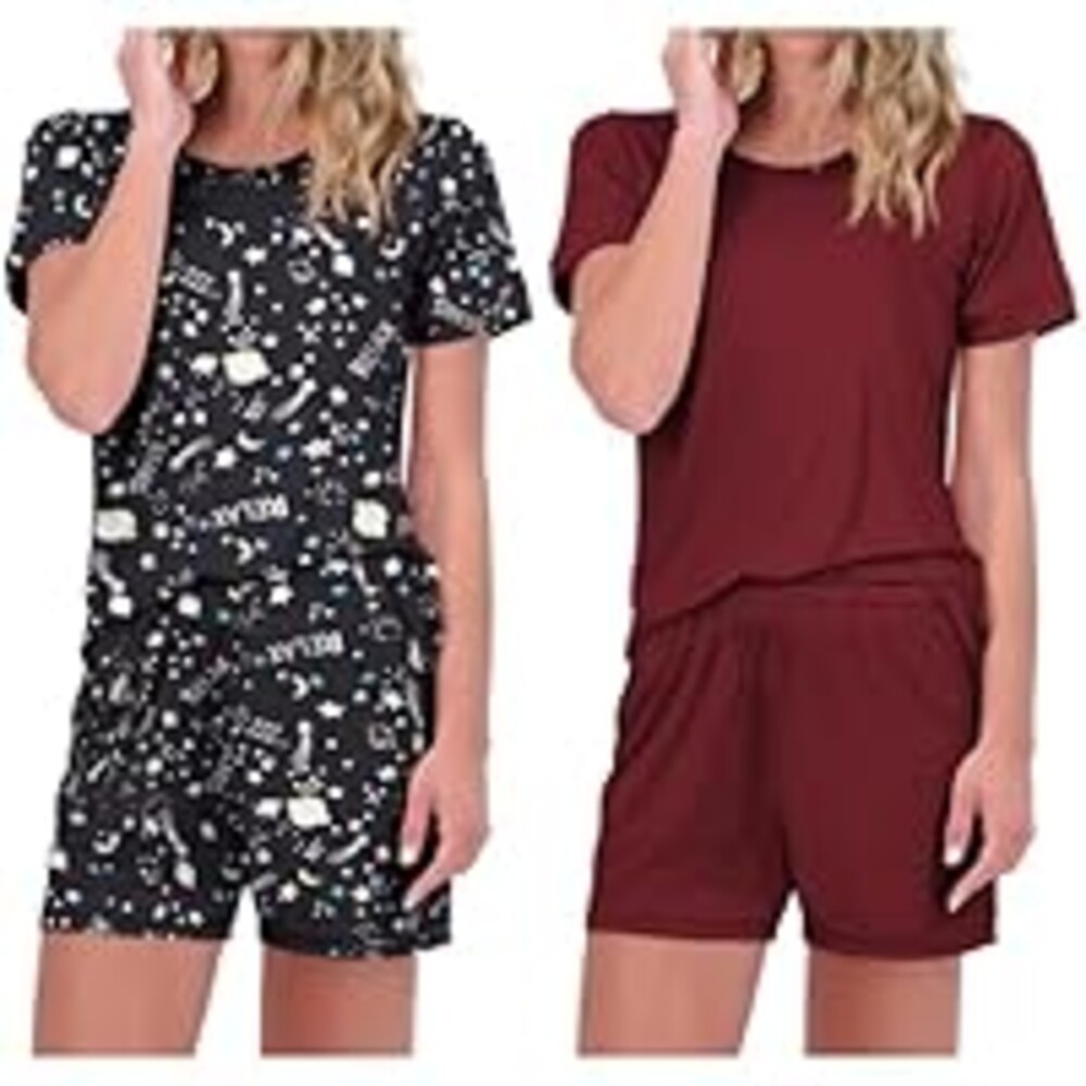 Ekouaer 2 Pack Pajamas Short Sleeve Top with Shorts Sets Comfy Pjs Lounge Sets Sleepwear for Women Wine Red/Star Medium