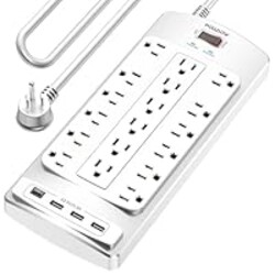 18 Outlets Surge Protector Power Strip - 10 Feet Flat Plug Heavy Duty Extension Cord with 18 Widely Outlets and 4 USB Ports, 2100 Joules, White, ETL Listed