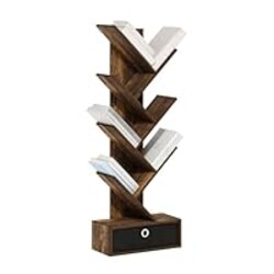 Furinno Tree Book Shelf, 7-Tier Bookshelf, Tree Bookcase with Bin Drawer, 8.4 x 16.9 x 46.2, for Living Room, Bedroom, Home Office, Amber Pine/Black