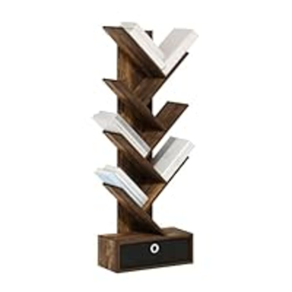 Furinno Tree Book Shelf, 7-Tier Bookshelf, Tree Bookcase with Bin Drawer, 8.4 x 16.9 x 46.2, for Living Room, Bedroom, Home Office, Amber Pine/Black
