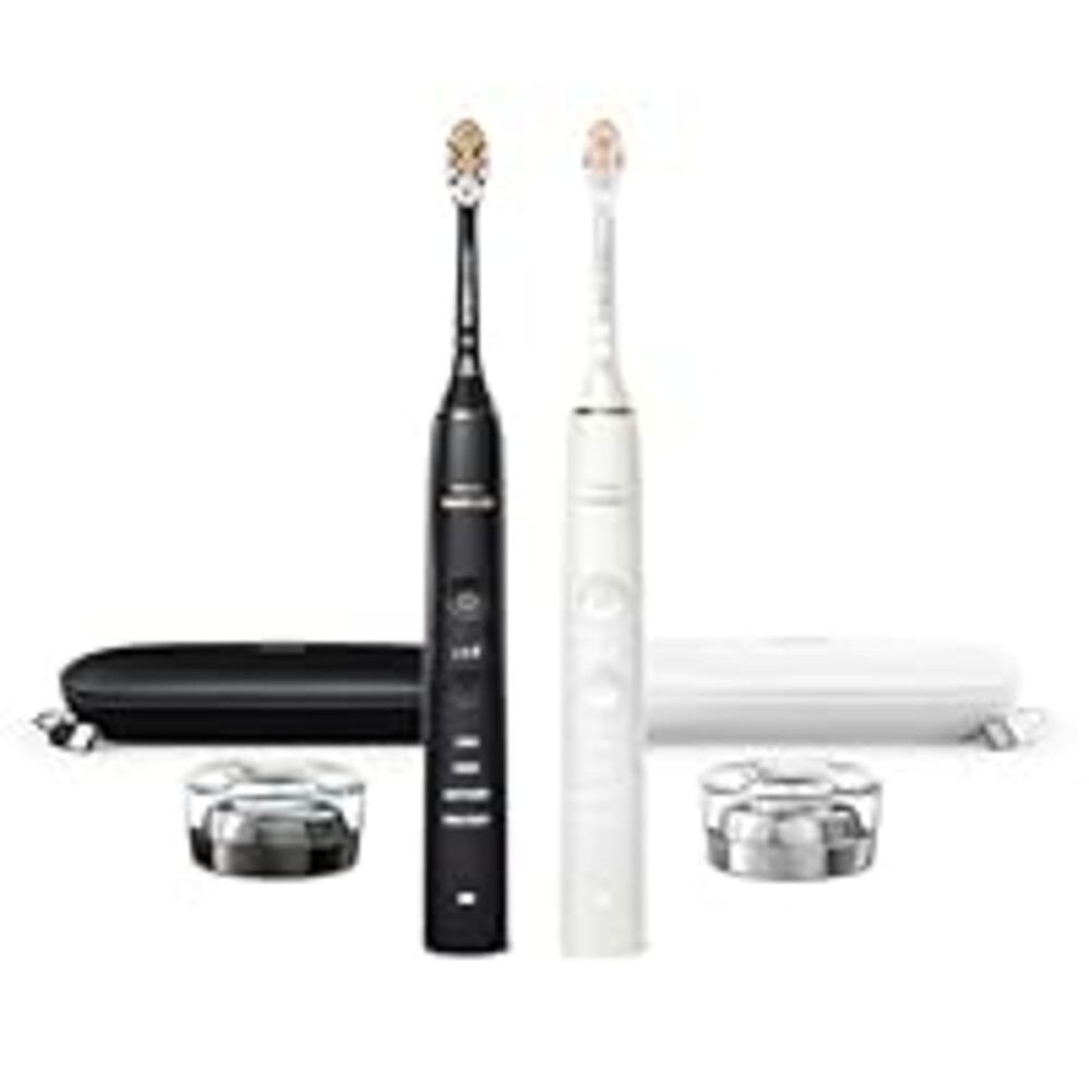 Philips Sonicare DiamondClean Connected Electric Toothbrush 2 Pack, x2 Sonic Toothbrushes, x2 Charging Travel Cases, x2 A3 Brush Heads, 12 Brushing Settings, (Black and Rose Gold) Model HX9912/71
