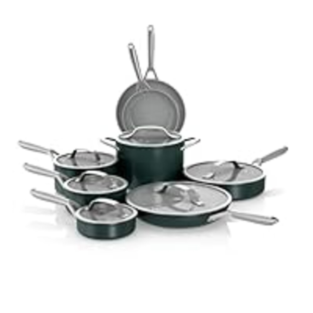 Ninja Ceramic Pro 14-Piece Cookware Set, Non-Stick Pots & Pans Set with Glass Lids, Nontoxic, PTFE Free, Ceramic Coated, Oven Safe, All Stovetops & Induction Compatible, British Racing Green CW39011GN