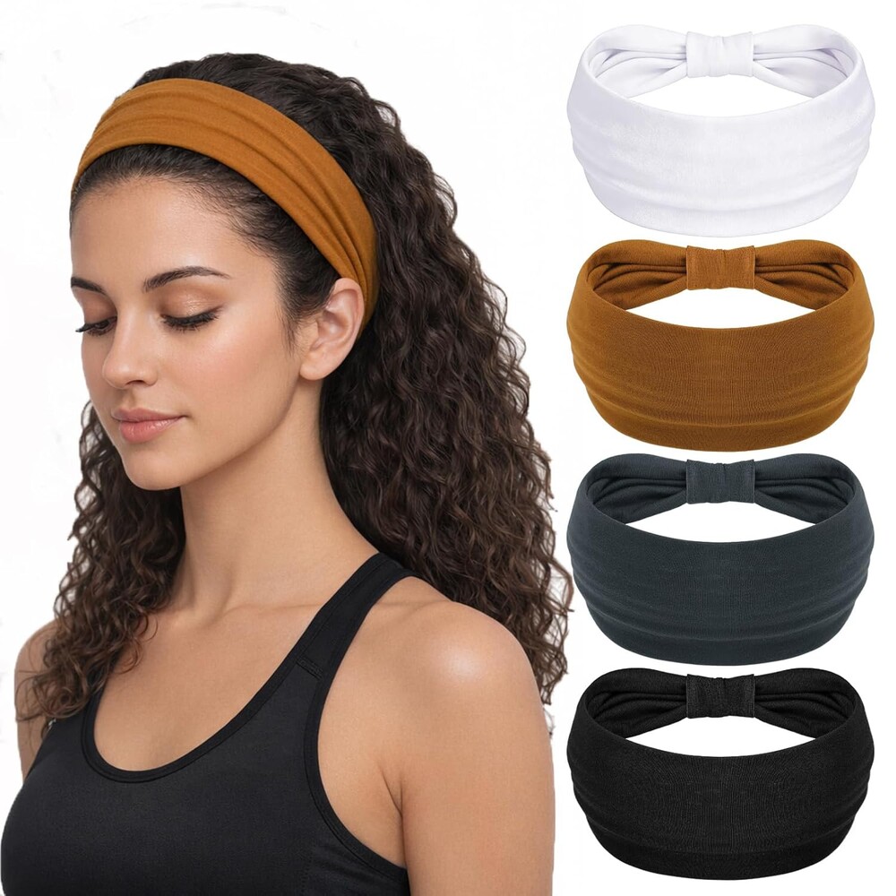 obeoby Wide Non-Slip Headbands for Sports,Yoga, 5.5'' Large Knot Cotton Hairband for Workouts, Spa, Running Keep Dry During Exercise(4Pack)