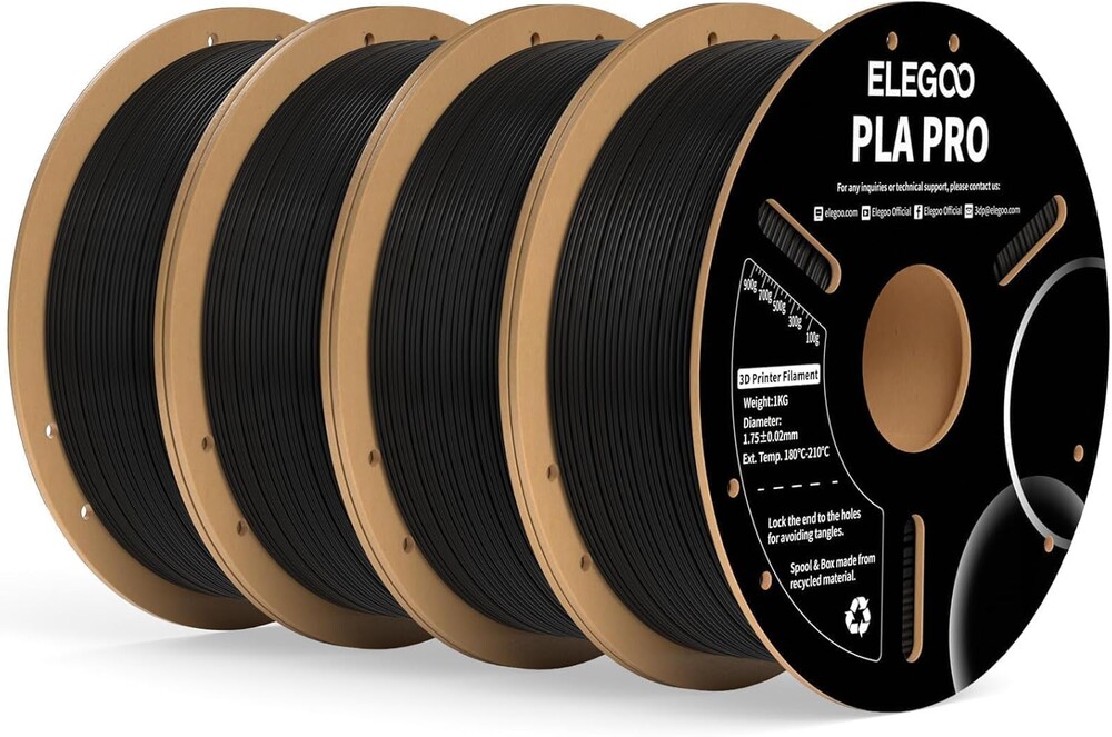 ELEGOO PLA PRO Filament 1.75mm Black 4KG, 30-250mm/s Printing Speed Improved Rigidity 3D Printer Filament Dimensional Accuracy +/- 0.02mm, 4pcs 1kg Spool (2.2lbs)