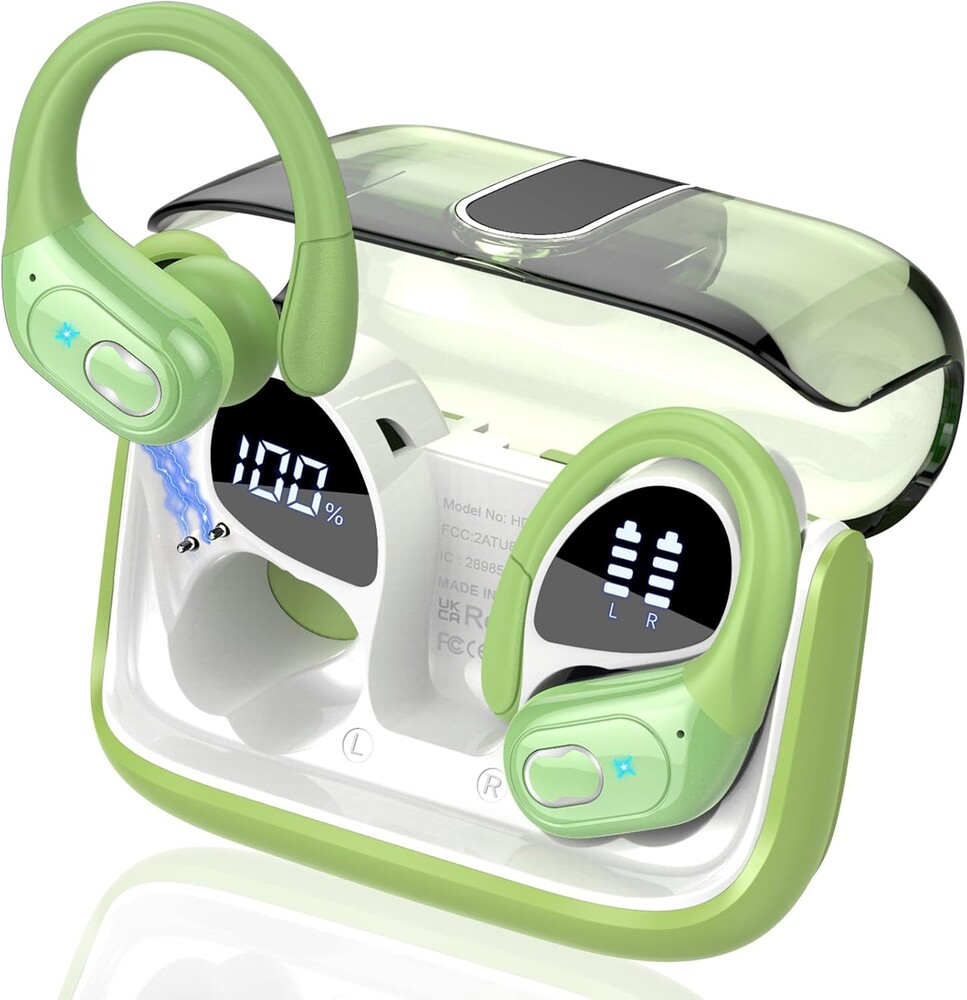 Wireless Earbuds 75hrs Bluetooth 5.4 Headphone Sport, Bluetooth Earbuds Stereo Deep Bass Over Ear Bud with Earhooks, ENC Noise Cancelling Mic, IPX7 Waterproof Earphone for Gym/Workout, Green