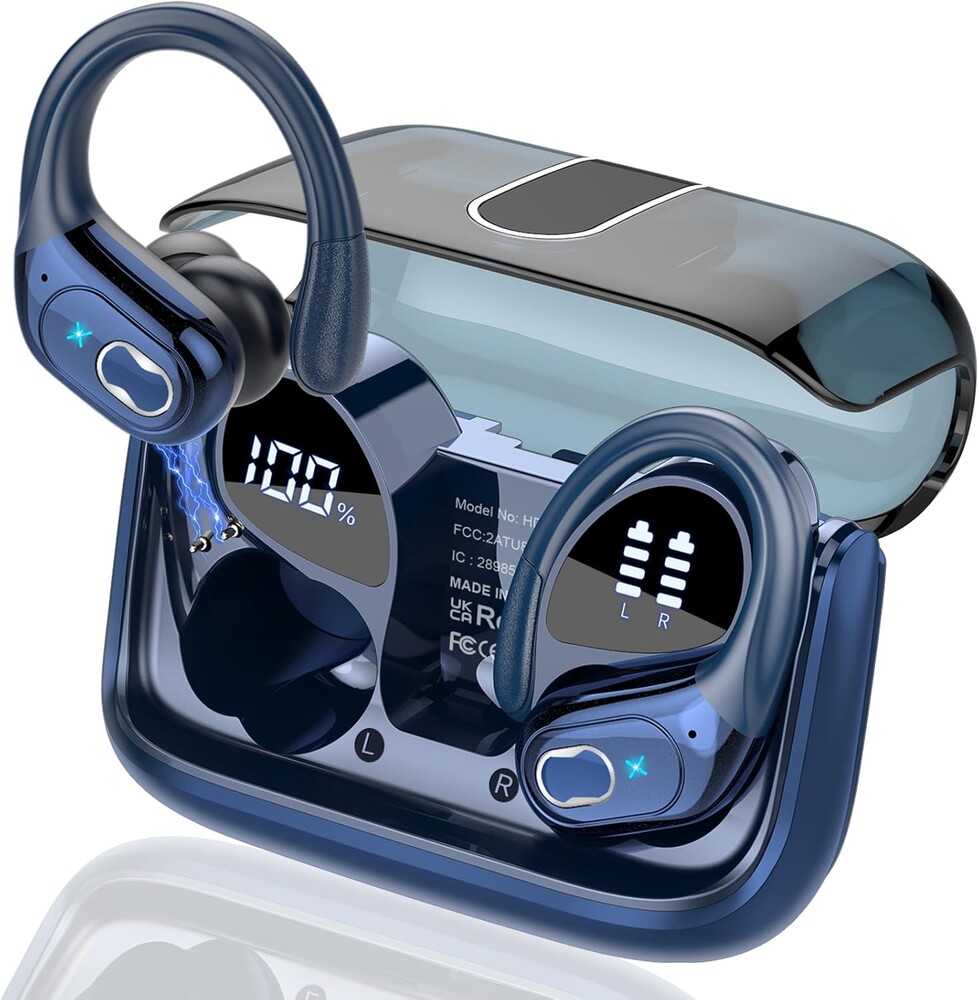 Wireless Earbuds 75hrs Bluetooth 5.4 Headphone Sport, Bluetooth Earbuds Stereo Deep Bass Over Ear Bud with Earhooks, ENC Noise Cancelling Mic, IPX7 Waterproof Earphone for Gym/Workout, Royal Blue