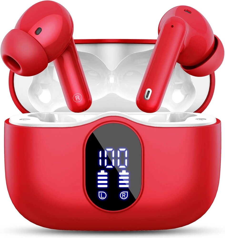 Wireless Earbuds, Bluetooth 5.4 Headphones Bass Stereo, Ear Buds with Noise Cancelling Mic, LED Display in Ear Earphones Clear Calls, IP7 Waterproof Bluetooth Earbuds for Laptop/Phones/Sports, Red