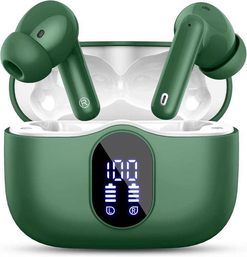 Wireless Earbuds, Bluetooth 5.4 Headphones Bass Stereo, Ear Buds with Noise Cancelling Mic, LED Display in Ear Earphones Clear Calls, IP7 Waterproof Bluetooth Earbuds for Laptop/Phones/Sports, Green