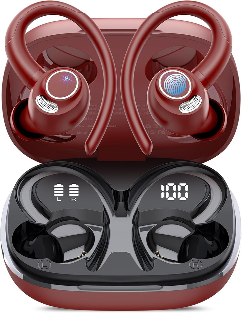 Jesebang Wireless Earbuds Bluetooth 5.4 Headphones Sport, Wireless Earphones with Earhooks, HiFi Stereo Deep Bass with ENC Mic, 40H Dual LED Display, IP7 Waterproof Ear Bud for Small Ear, Red
