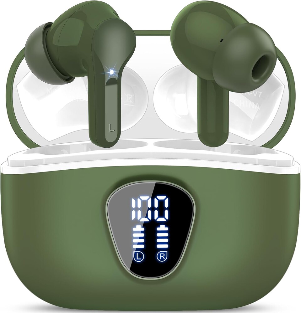 Wireless Earbuds, Bluetooth 5.4 Headphones HiFi Stereo, Bluetooth Earbuds with ENC Noise Cancelling Mic, IP7 Waterproof in Ear Earphones, 48H, LED Display Ear buds for Pad Phones Workout Sports, Green
