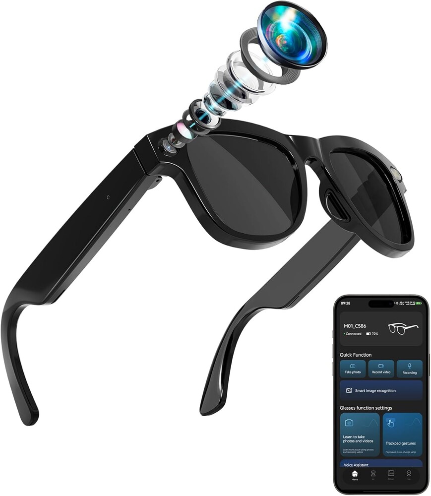 4-in-1 AI Smart Glasses, 800W HD Camera Glasses, 1080P Video Recording Glasses, Built-in ChatGPT AI Voice Assistant, Real-time Translation, Open Ear Headphones for Outdoors, Driving & Vlogging