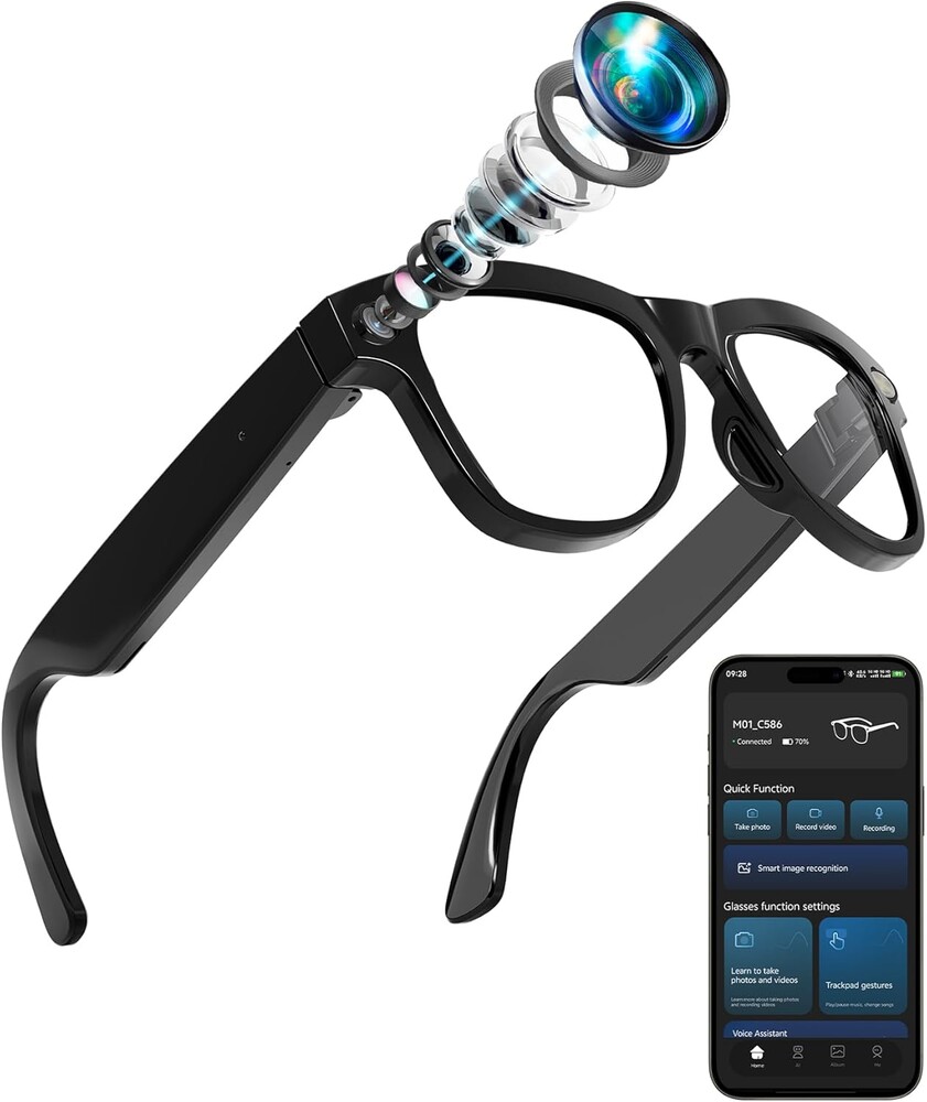 4-in-1 AI Smart Glasses, 800W HD Camera Glasses, 1080P Video Recording Glasses, Built-in ChatGPT AI Voice Assistant, Real-time Translation, Open Ear Earbuds for Travel, Meetings & Vlogging