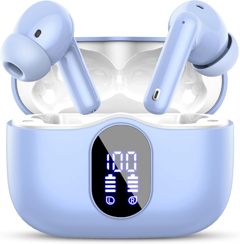 Wireless Earbuds, Bluetooth 5.4 Headphones Bass Stereo, Ear Buds with Noise Cancelling Mic, LED Display in Ear Earphones Clear Calls, IP7 Waterproof Bluetooth Earbuds for Laptop/Phones, Pale Blue