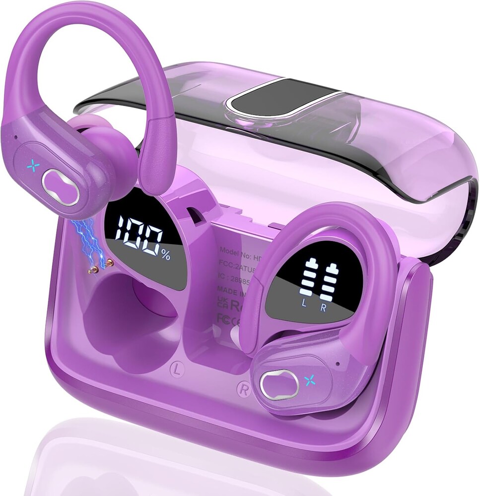 Wireless Earbuds 75hrs Bluetooth 5.4 Headphone Sport, 2026 Bluetooth Earbuds Stereo Deep Bass Over Ear Bud with Earhooks, ENC Noise Cancelling Mic, IPX7 Waterproof Earphone for Gym/Workout, Purple
