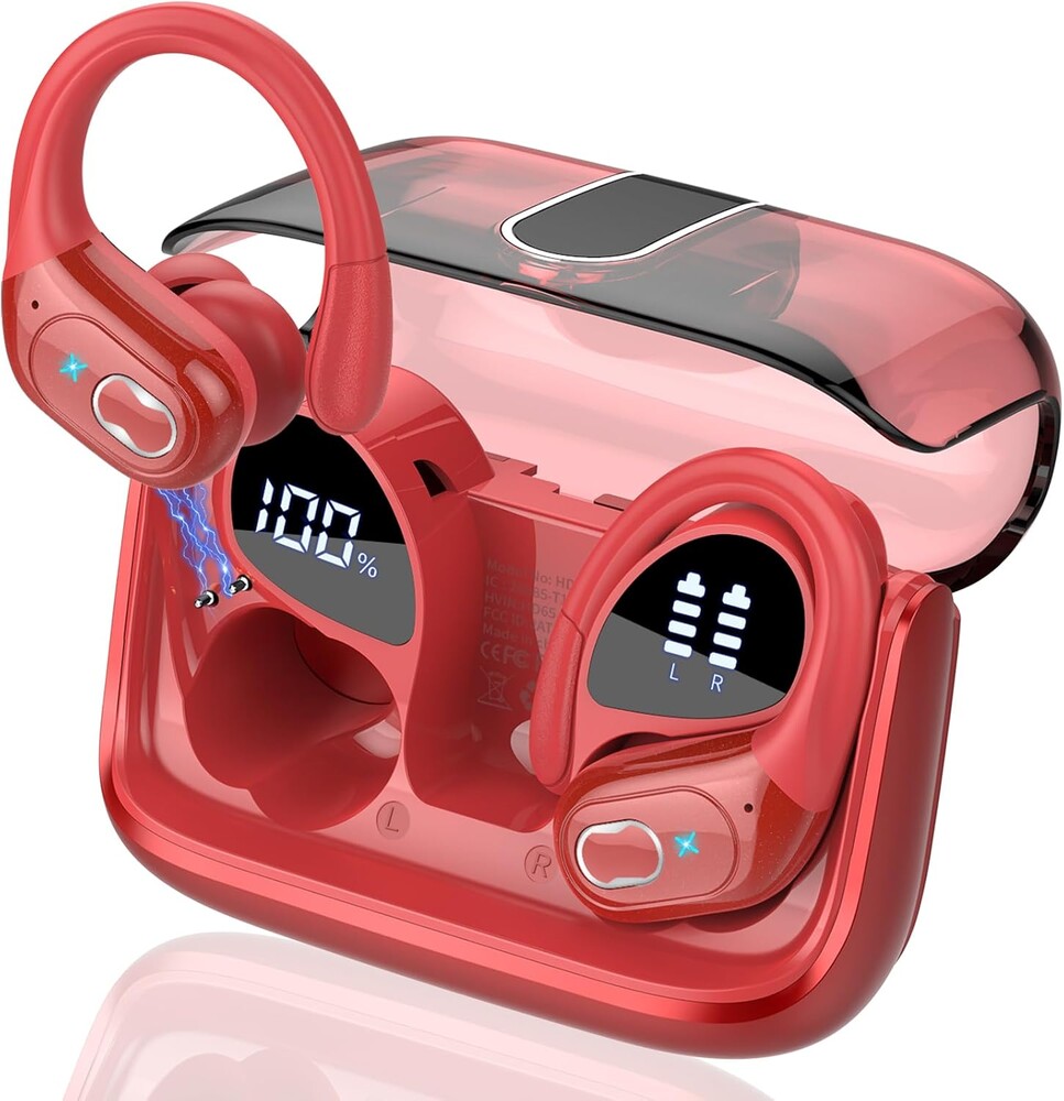 Wireless Earbuds 75hrs Bluetooth 5.4 Headphone Sport, 2026 Bluetooth Earbuds Stereo Deep Bass Over Ear Bud with Earhooks, ENC Noise Cancelling Mic, IPX7 Waterproof Earphone for Gym/Workout/Run, Red