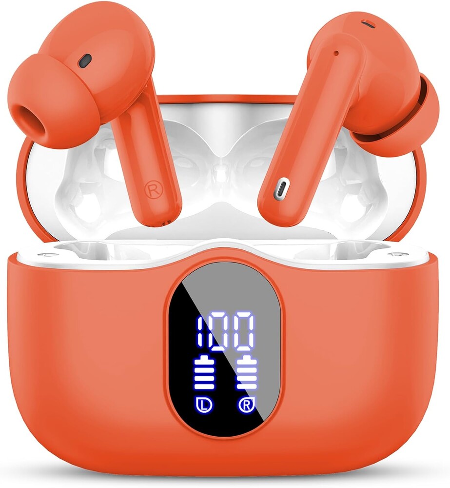 Wireless Earbuds, Bluetooth 5.4 Headphones Bass Stereo, Ear Buds with Noise Cancelling Mic, LED Display in Ear Earphones Clear Calls, IP7 Waterproof Bluetooth Earbuds for Laptop/Phones/Sports, Orange