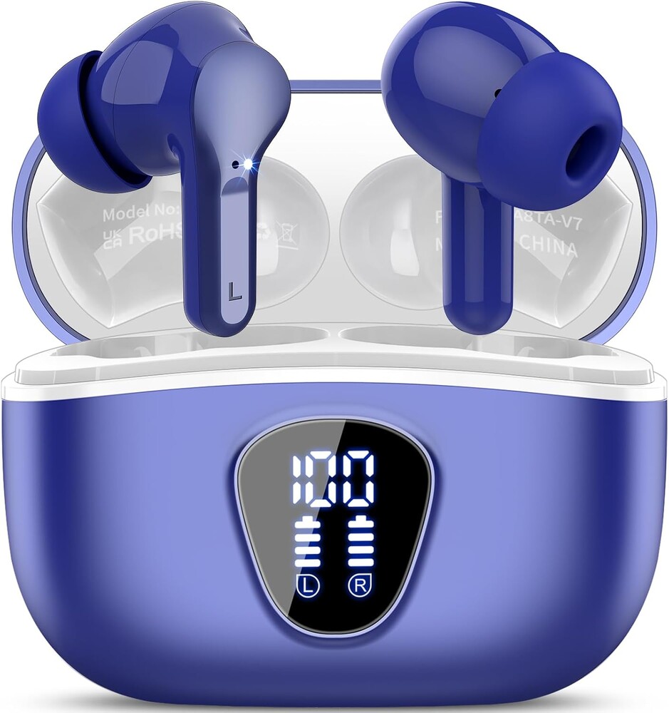 Wireless Earbuds, Bluetooth 5.4 Headphones HiFi Stereo, Bluetooth Earbuds with ENC Noise Cancelling Mic, IP7 Waterproof in Ear Earphones, 48H, LED Display Ear Buds, Blue