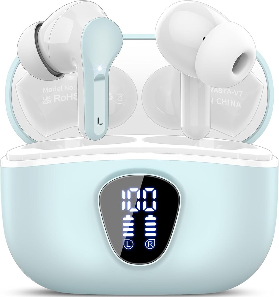 Wireless Earbuds, Bluetooth 5.4 Headphones HiFi Stereo, Bluetooth Earbuds with ENC Noise Cancelling Mic, IP7 Waterproof in Ear Earphones, 48H, LED Display Ear buds, Azure