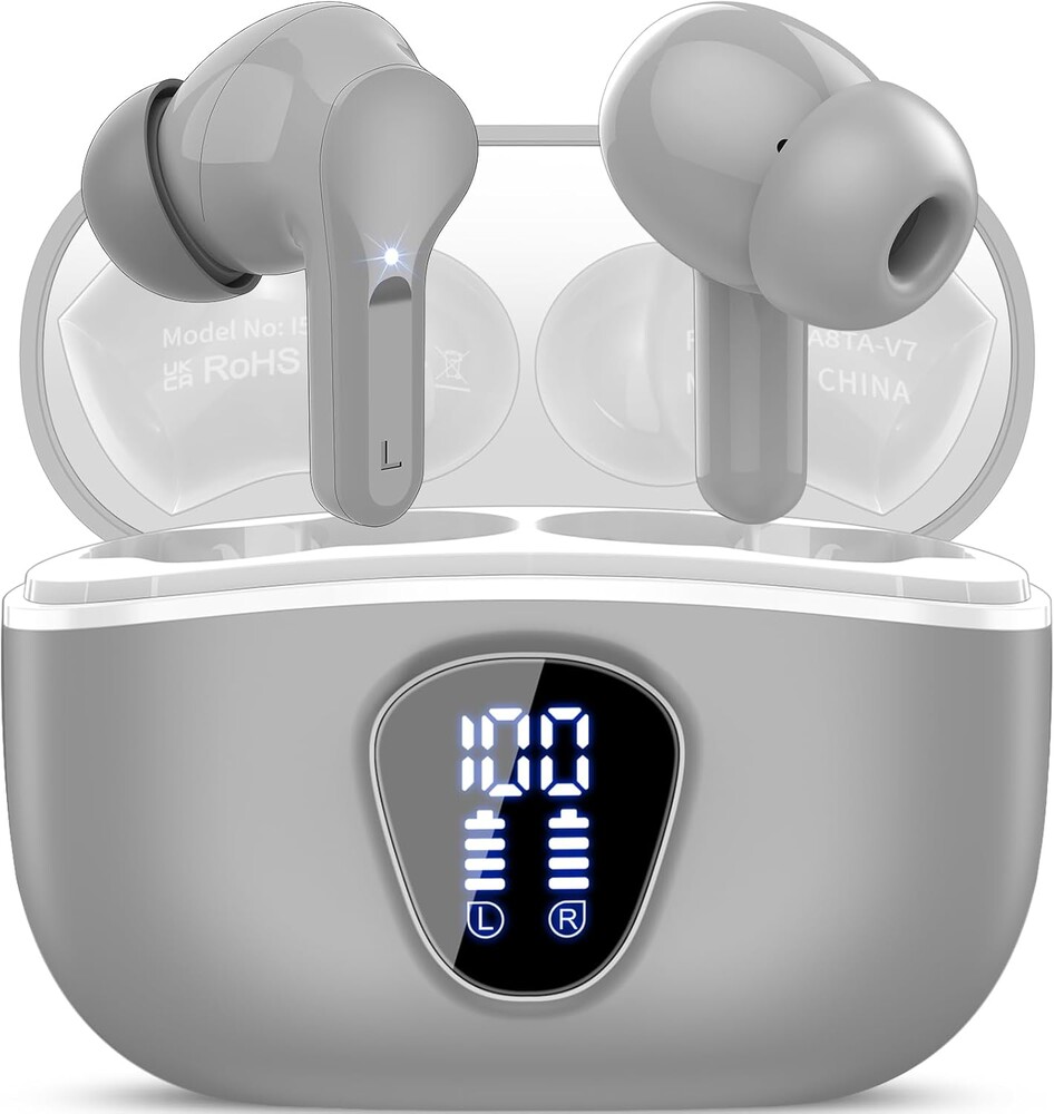 Wireless Earbuds, Bluetooth 5.4 Headphones HiFi Stereo, Bluetooth Earbuds with ENC Noise Cancelling Mic, IP7 Waterproof in Ear Earphones, 48H, LED Display Ear buds, Grey