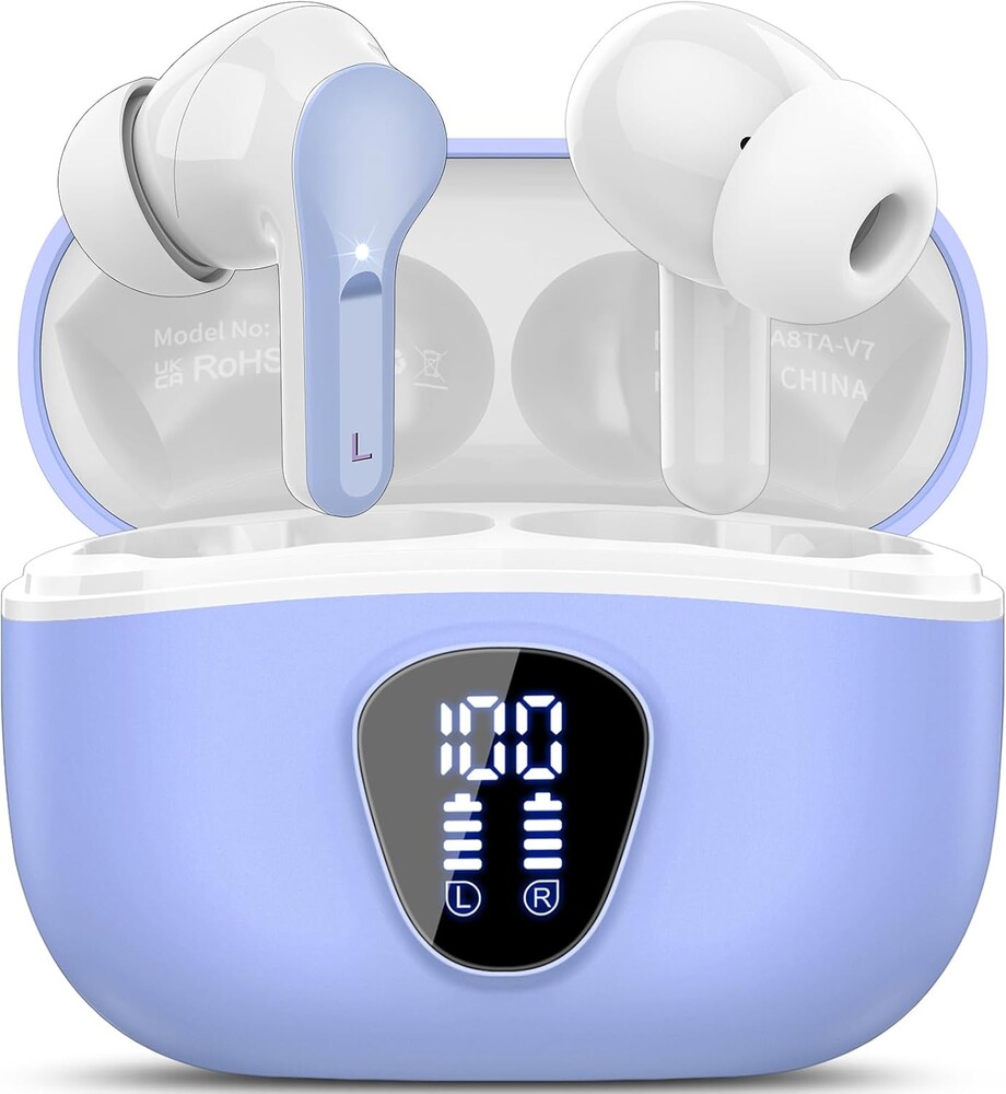 Wireless Earbuds, Bluetooth 5.4 Headphones HiFi Stereo, Bluetooth Earbuds with ENC Noise Cancelling Mic, IP7 Waterproof in Ear Earphones, 48H, LED Display Ear buds, White Purple