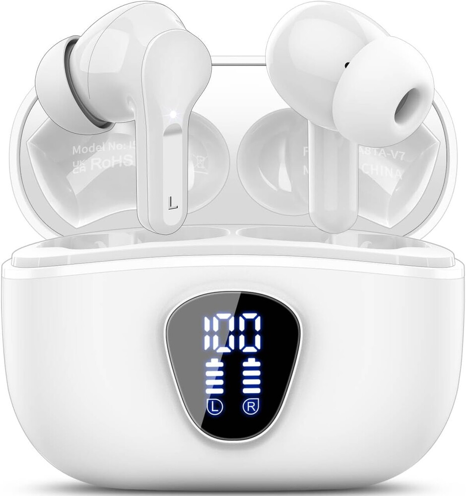 Wireless Earbuds, Bluetooth 5.4 Headphones HiFi Stereo, Bluetooth Earbuds with ENC Noise Cancelling Mic, IP7 Waterproof in Ear Earphones, 48H, LED Display Ear buds, White