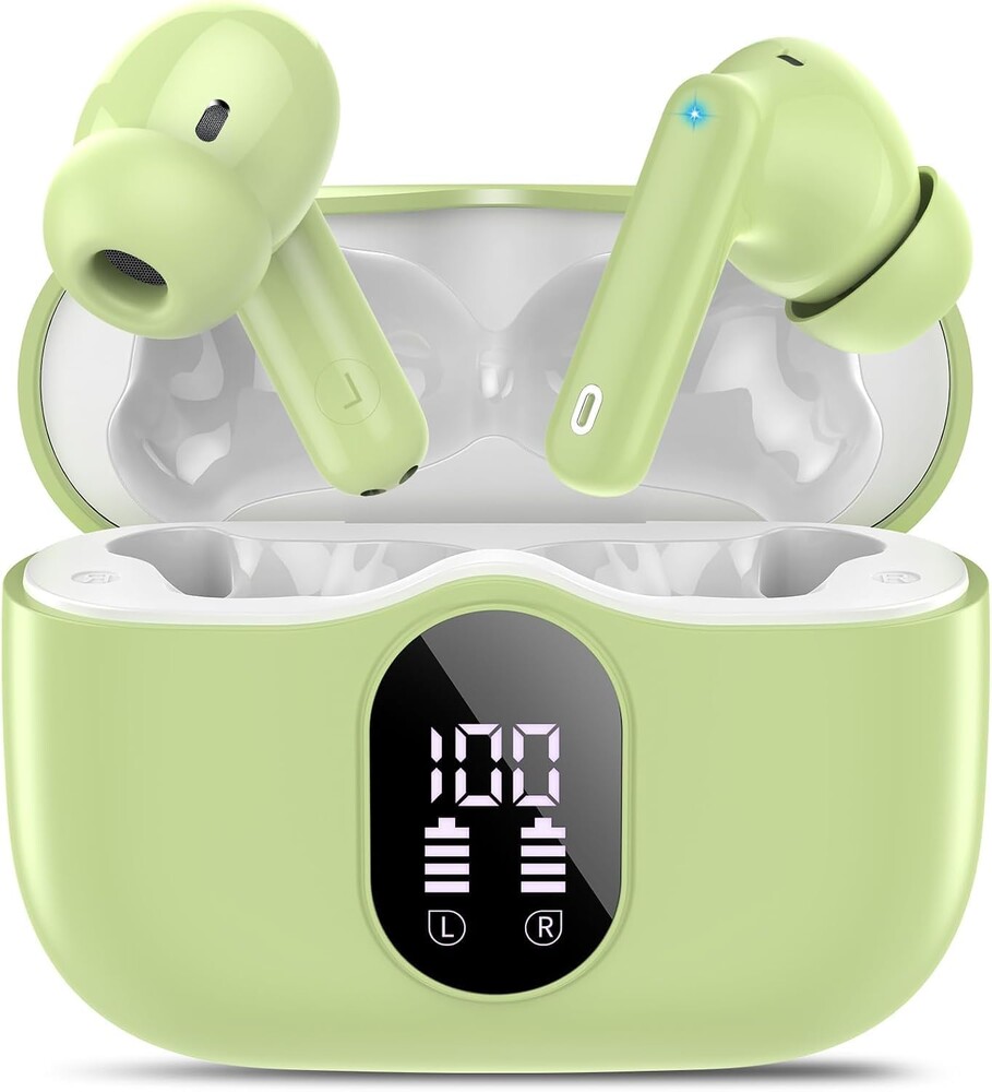 Wireless Earbuds, Bluetooth 5.4 Headphones Bass Stereo, Ear Buds with Noise Cancelling Mic, LED Display in Ear Earphones, IP7 Waterproof Bluetooth Earbuds, Grass Green