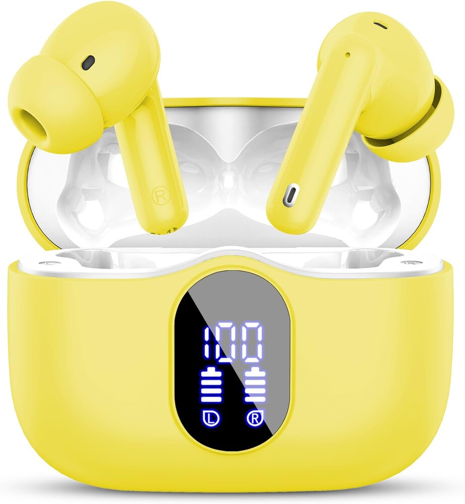 Wireless Earbuds, Bluetooth 5.4 Headphones Bass Stereo, Ear Buds with Noise Cancelling Mic, LED Display in Ear Earphones, IP7 Waterproof Bluetooth Earbuds, Yellow