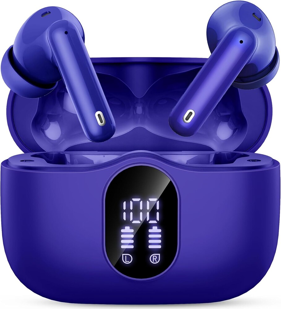 Wireless Earbuds, Bluetooth 5.4 Headphones Bass Stereo, Ear Buds with Noise Cancelling Mic, LED Display in Ear Earphones, IP7 Waterproof Bluetooth Earbuds, Dark Blue
