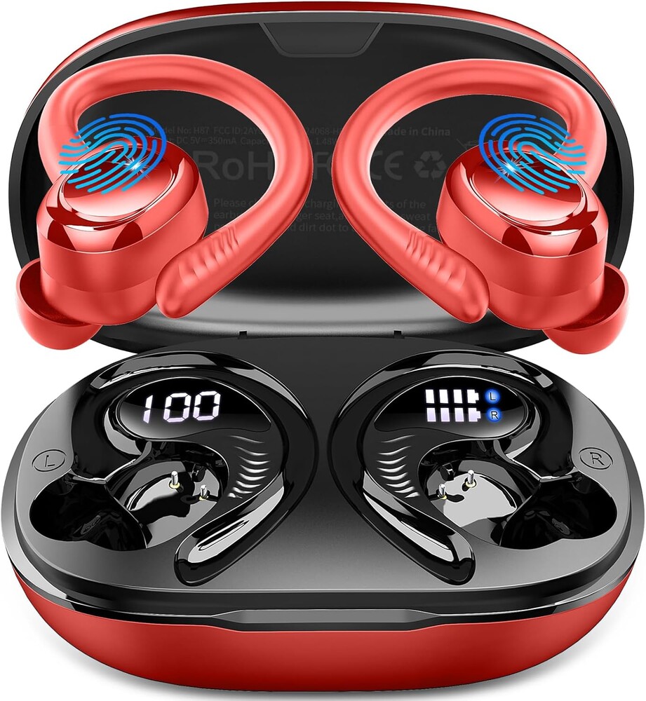 Wireless Earbuds Sport, NEW Bluetooth 5.4 Headphones with Earhooks, 50H Stereo Deep Bass Over Ear Buds with 4 ENC Noise Canceling Mics, IP7 Waterproof Earphones for Running Workout Gym -Red