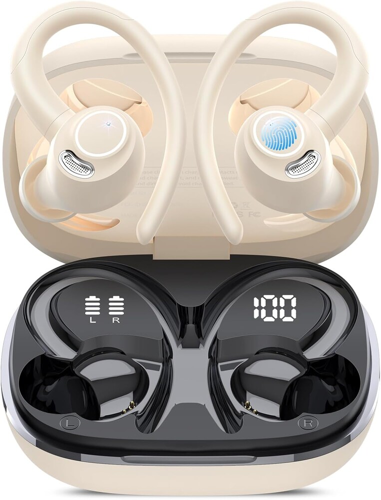 Wireless Earbuds, Bluetooth 5.4 Headphones Sport, Over Ear Buds With ENC Noise Cancelling Mic, 48H, IP7 Waterproof ear bud for Workout Running, Off White