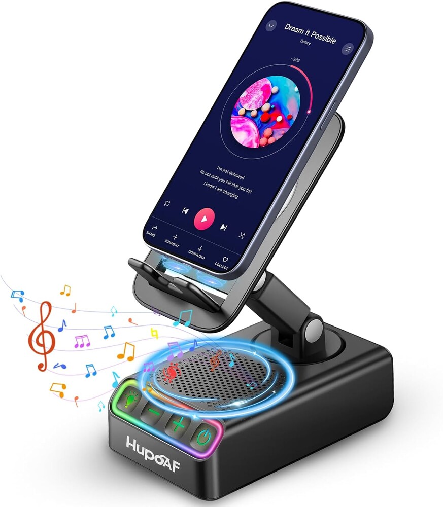 Adjustable Cell Phone Stand with Wireless Induction Bluetooth Speaker, HD Surround Sound for Home and Outdoors, Compatible with iPhone/Samsung Galaxy, 2026 Birthday Gifts for Men Women Dad Mom