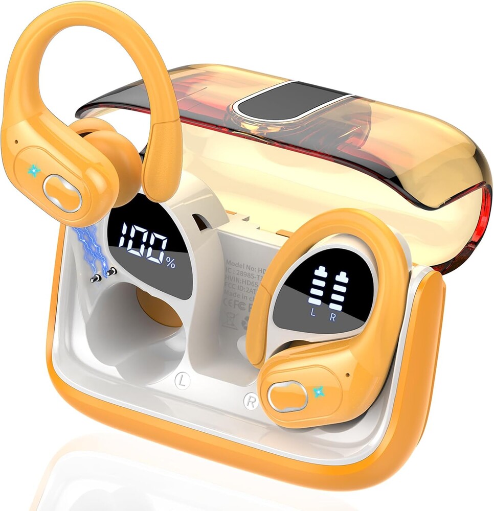 Wireless Earbuds 75hrs Bluetooth 5.4 Headphone Sport, Bluetooth Earbuds Stereo Deep Bass Over Ear Bud with Earhooks, ENC Noise Cancelling Mic, IPX7 Waterproof Earphone for Gym/Workout, Yellow