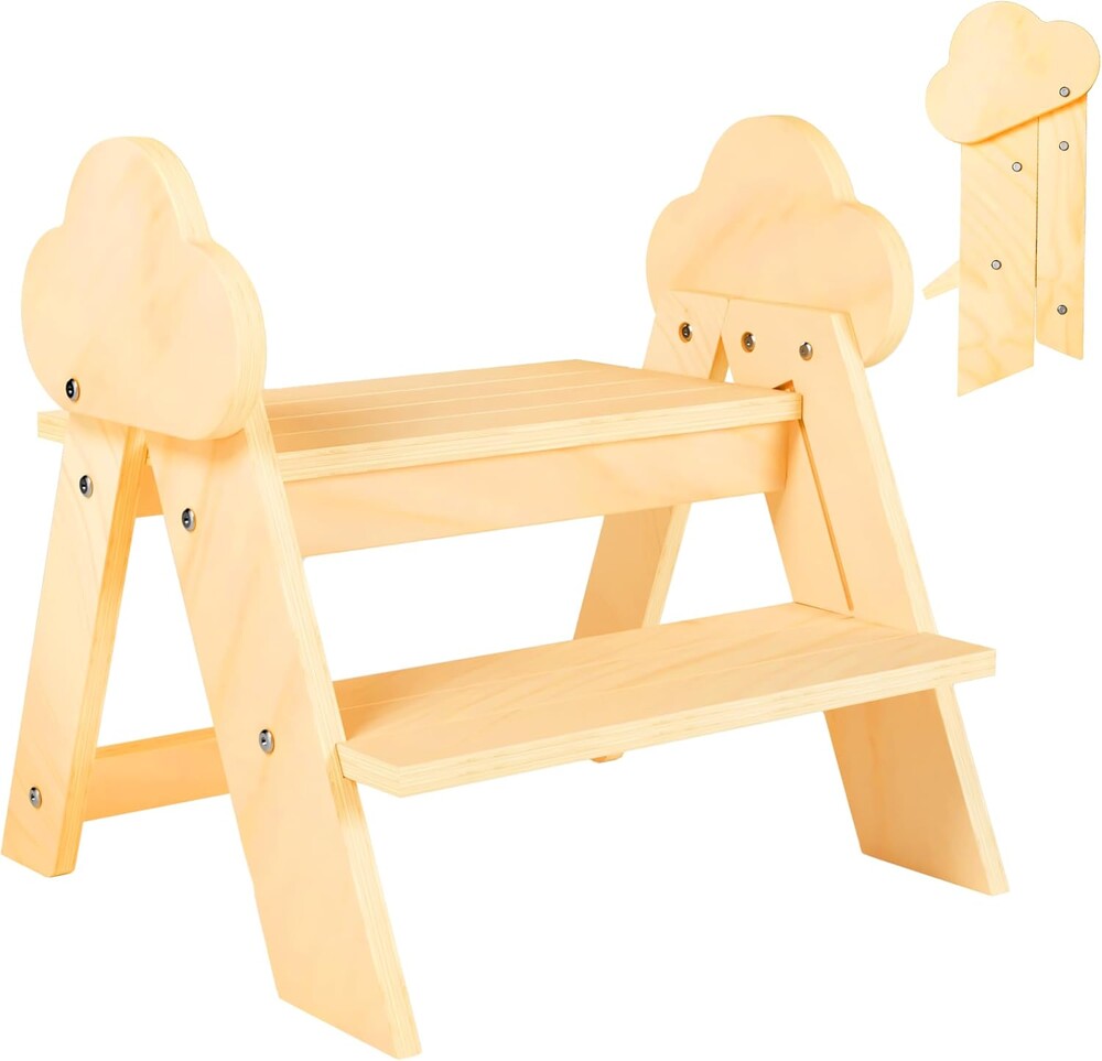 Wooden Toddler Step Stool, 2-Step Foldable Stool for Kids with Non-Slip Surface, Baby Bathroom Stool for Potty Training, Bathroom Sink, Kitchen Counter with Cute Cloud Design, Natural
