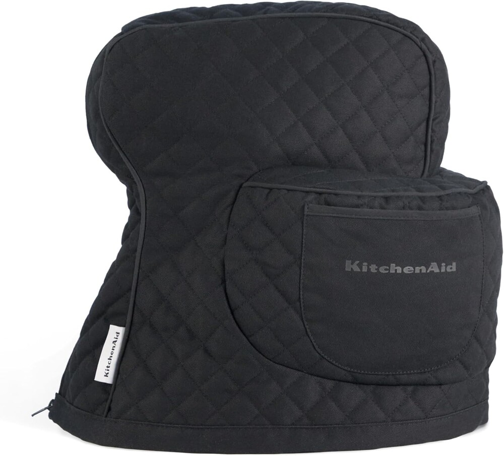 KITCHENAID Fitted Tilt-Head Solid Stand Mixer Cover with Storage Pocket, Quilted 100% Cotton, Matte Black, 14.4"x18"x10", NEW AND IMPROVED FIT