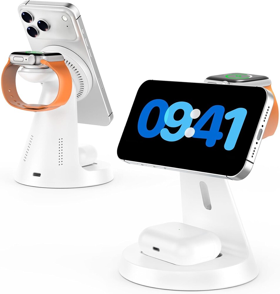 Wireless Charger 3 in 1 Charging Station for iPhone: Magnetic Docking Station for iPhone 17/16/15/14/13/12 - Multi Charging Dock for Apple Watch & Airpods 4 3 2 Pro (Adapter Included) (White)