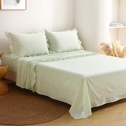 Pile Green White Plaid Ruffle Gingham Sheets Twin Size 4-Piece Set, 300TC 100% Yarn Dyed Cotton Sheets 18 in Deep Pocket Kids Preppy Decorative Bedding (Pile Green/White Plaid, Twin)
