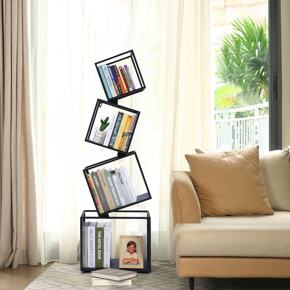 Bookshelf, 4-Tier Geometric Black Bookcase, 49" Tall Modern Corner Bookshelf, Storage Shelves for CDs/Books/Home Decor, Display Shelf for Living Room, Bedroom, Study Room, Nursery Room, Home Office