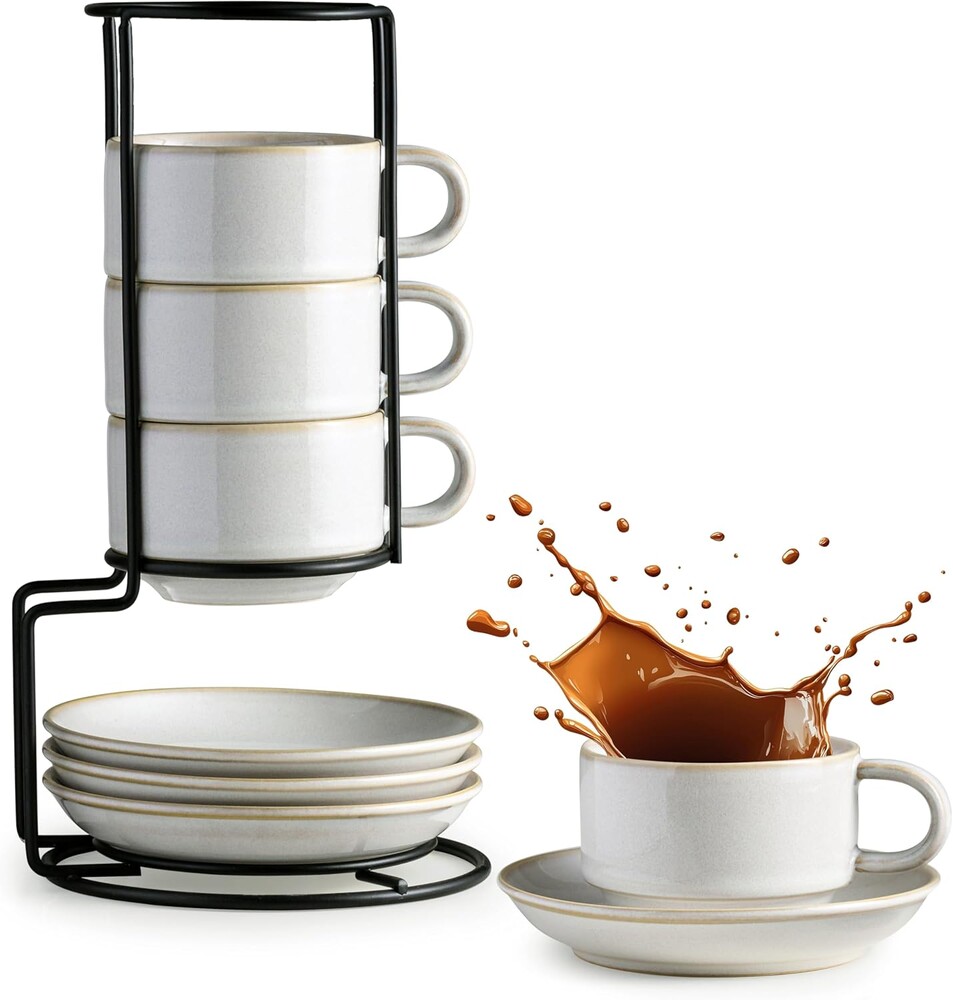 Gomakren 6 Ounce Cappuccino Cups with Saucers and Metal Stand, Stackable Coffee Cup Set of 4, Valentine Porcelain Espresso Cups for Coffee Drinks, Cappuccino, Latte, Americano, Tea, White