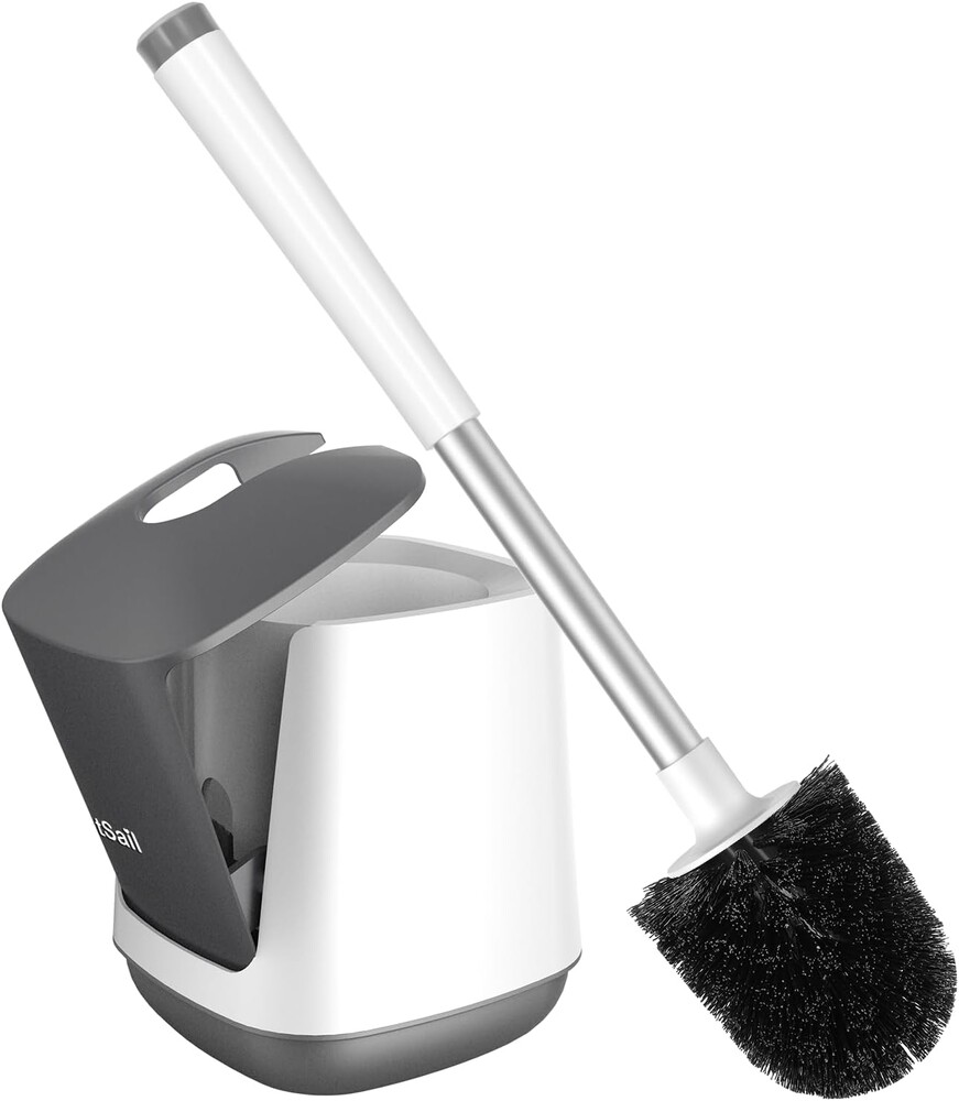 SetSail Toilet Brush and Holder, Self Closing Lid Toilet Bowl Brushes Holder and Extra Long Handle Ventilated Toilet Brush Set for Bathroom Cleaning, Nylon Bristles, White & Grey
