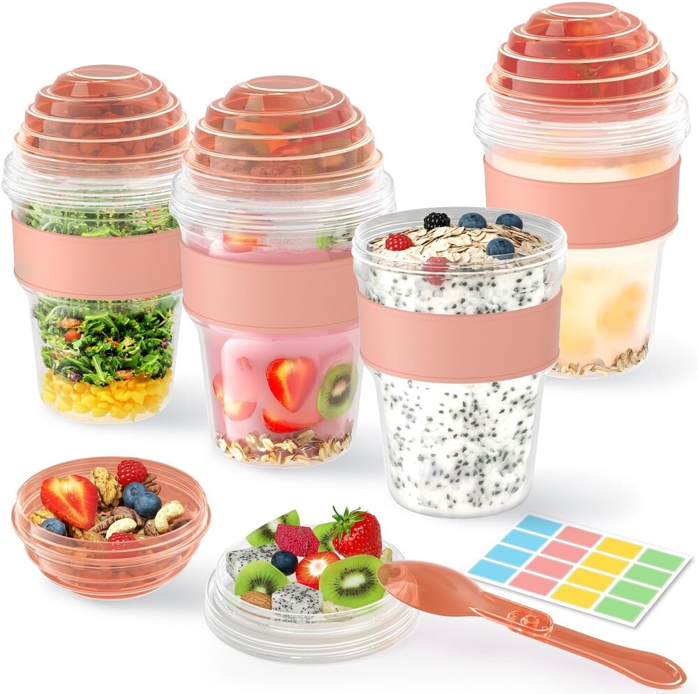 4 Pack Yogurt Parfait Cups with Lids Reusable, 20 oz Plastic Overnight Oats Containers To Go with Granola Compartment and Lids Spoon, Cereal Containers for Oatmeal, Snack, Breakfast Prep (Orange)