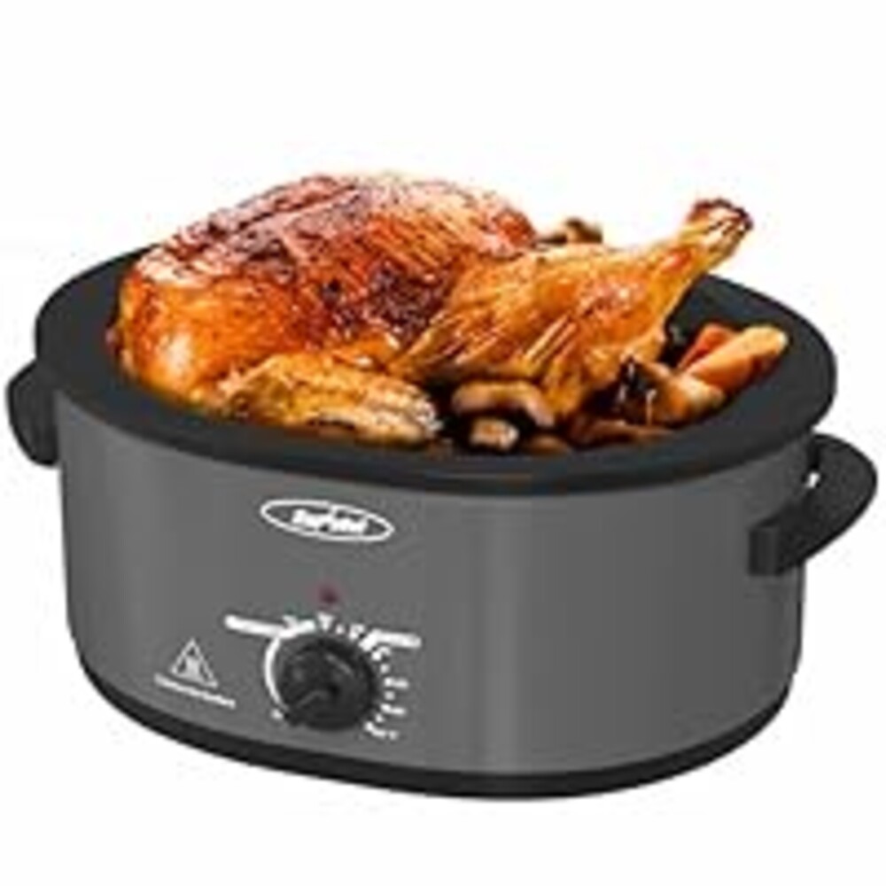8 Quart Roaster Oven with Self-Basting Lid, with Removable Roasting Rack, Turkey Defrost & Warm Function, Adjustable Temperature for Use as a Slow Cooker, Stainless Steel, Grey