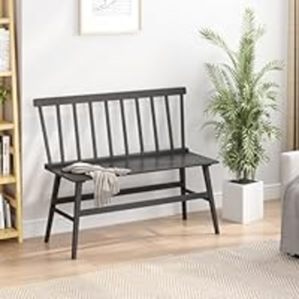 Wisuce Essentials Bamboo Dining Bench, Black Entryway Bench with Spindle Back Farmhouse Wood Windsor for Foyer Balcony Living Room (Nature) (Black)