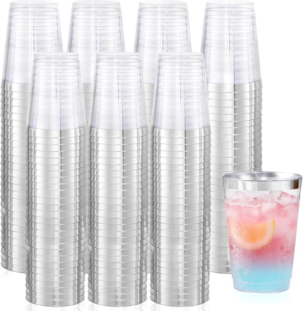 supernal 200pcs 10oz Silver Plastic Cups,Disposable Wine Glasses Cocktail Glasses Premium Cups,Party Cocktails Tumblers,Silver Rimmed Plastic Cup for Party,Wedding, Birthday,Thanksgiving Day