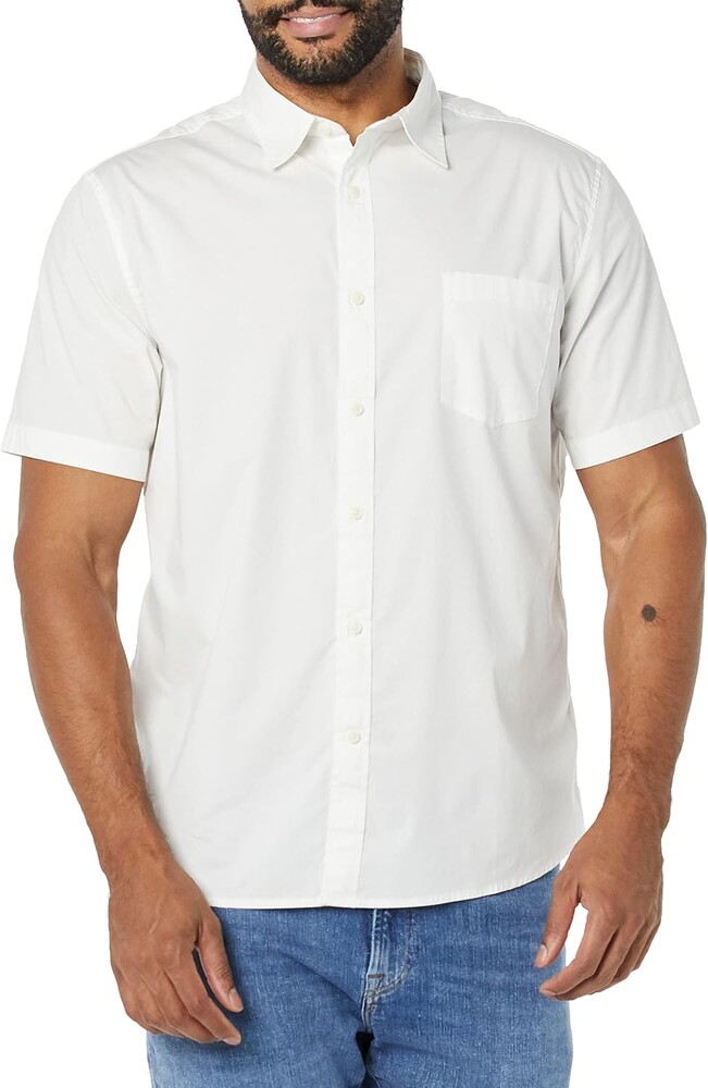 Amazon Essentials Men's Short Sleeve Dress Shirt with Stretch, Charcoal White Vertical Stripe (Available in Big & Tall)